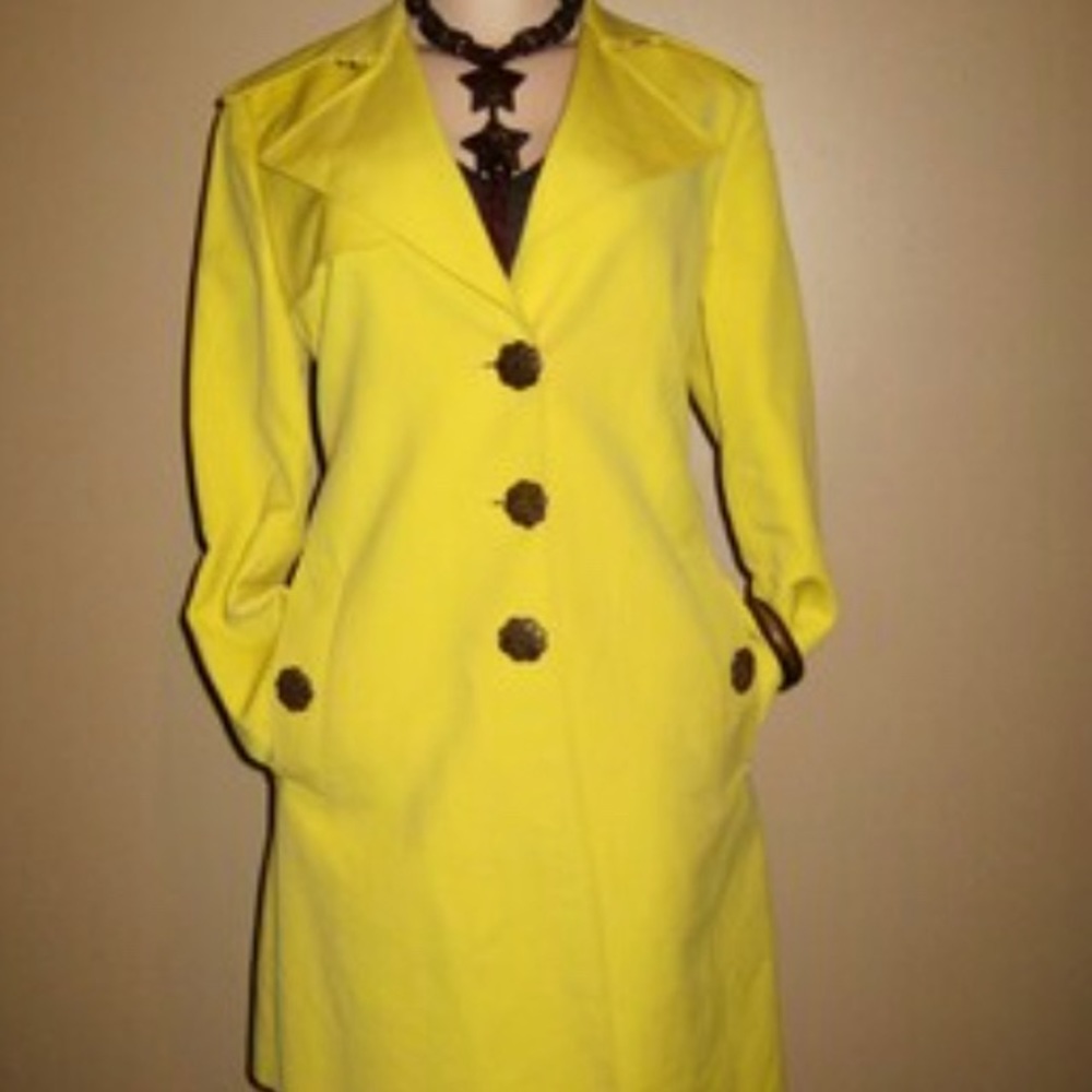 Anne Klein Yellow trench coat w/ brown flower buttons and pockets.